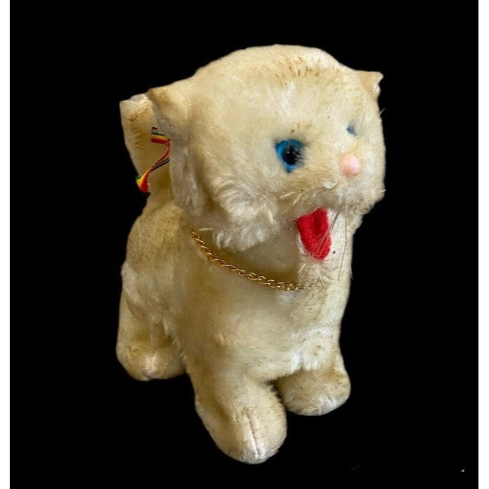 Vintage Toy Kitten Cat Furry Yellow Beige Funny Mouth Open